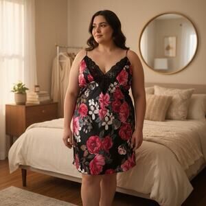 Plus Size Lace Chemise 2X Black Floral Nightgown Slip Dress Lilac London Romance